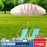 Striped Patio Umbrella with Tilt Pole Portable Tassel Umbrella Sun Shelter for Balcony Terrace Swimming Pool Beach Garden