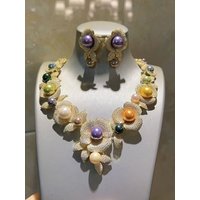 LEKEKE Vintage Sunflower Pearl Necklace Earring Set Two-Piece Set Gemstone Jewelry Alloy Sunflower Shape Daily Wear
