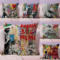 B-Banksy Street G-Graffiti Art Cushion Cover Natural Linen Organic Fabric Double-Sided Printing Sofa Home Decor Gift Pillow Case