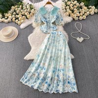 Summer Beaded Flower Embroidery Lace Two Piece Set Women's Short Sleeve Pearls Button Crop Top + Midi Skirt Elegant Matching