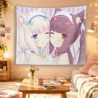 Nekopara Chocola Vanilla Tapestry, Purple Stripe Cat Maid Anime Wall Hanging Girls Bedroom Aesthetic Decor
