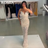 ROSES White Prom Dress Pleats Mermaid Sequins Celebrity Dresses Sexy Pearls Ruched Women's Evening Dresses for Gala Customized