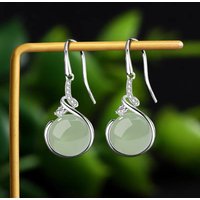 PANJBJ 925 Sterling Silver Jade Drop Earring for Women Zircon Round Classic Grace Ethnic Jewelry Anniversary Gift Dropshipping