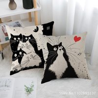 Cute Black And White Cat Printing Pillowcase Cotton Linen Fabric Square Zipper Pillowcase Wedding Decorative Pillow Cover