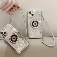 3D Camera Design Full Glitter Diamond Wrist Strap Case For iPhone 17 16Pro Max 14 13 11 12 Plating Silver Hand Chain Cover
