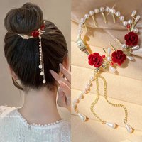 New Pearl Rose Flower Tassel Ponytail Clip Hairpin Bun Hair Accessory Headwear