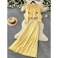 Elegant Lace Slim Fit Two Piece Set for Women Commute Style Autumn Fashion Waist Cinch High Waist General Body Shape