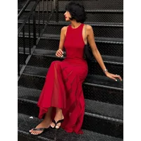 Sexy Knit Patchwork Maxi Dress Female Sleeveless See-Through High Waist Fashion Elegant Party Dress Women's Knitwear Dress
