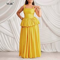 VGH Beach Vacations Bright Yellow Balloon Strap Design Sundress for Women Slim Peplum Waist Pleated Maxi Skirt Garden Parties
