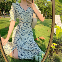 Spring and Summer New Casual Fashion Print Commuter Versatile Trendy Horn Sleeves Simplicity V-neck Short Sleeve A-line Dress