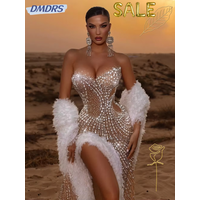 Dazzling Beaded Crystal Evening Dress With Feathers Sexy Illusion High Slit Wedding Party Gown Customized Luxury Prom Dresses