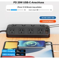 Australia AU Plug AC 2500W Power Strip Socket Independent Switch Multitap 2m Extension Cord Outlet With 2 USB-A 2 USB-C Ports