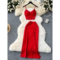 Foamlina Summer Sexy 2 Pieces Set for Women Solid V Neck Sleeveless Crop Camis Top and High Elastic Waist Split Long Skirt Suits