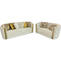 Luxury Genuine Leather Chesterfield Couch with Curved Backrest and Leather Buttons & Stainless Steel Trims– Tufted Sofa Set
