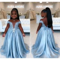Customized Blue Satin Flower Girl Dress For Wedding Puffy Lace 3d Applique Floor Lenght Baby Kids Birthday First Communion Gown