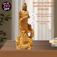 Natural Wood Dragon Guanyin Buddha Statue, Traditional Hand-carved Chinese Buddhist Figures Home Living Room Feng Shui Statue