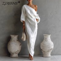 Retro Casual Solid Slim Long Dress Woman New Spring Sexy Skew Collar Hollow Out Party Dress Autumn Long Sleeve Pocket Boho Dress