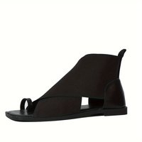 Women's Square Toe Gladiator Sandals Elastic Strap Wrap Around Ankle Flat Sandals Toe Loop Summer Beach Shoes Comfortable Walkin