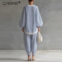 Spring Puff Long Sleeve Top Pullover & Pants Sets Woman Elegant Striped Print Patchwork Lace Outfits Summer Bohemian Beach Suits