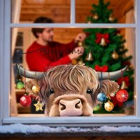 1pc Christmas Highland Cattle Static Cling Window Glass Stickers Waterproof No Residue Living Room Shop Home Decoration