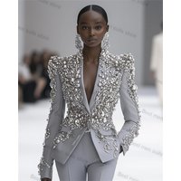Silver Shiny Women Suit Set 2 Piece Blazer+Straight Pants Trousers Formal Office Jacket Pearls Customized Wedding Tuxedos Coat