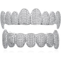 RACHELZ Silver Color Iced Out CZ Stone Teeth Grillz Hip Hop Cubic Zircon Tooth Caps For Women Men Jewelry Party Gift