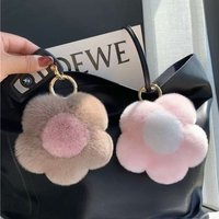 Rex Rabbit Fur Sunflower Pendant Keychain Couple Keychain Fluffy Charm Cute Soft Plush Toy Key Ring Backpack Car Key Pendant