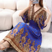V-Neck Casual Holiday Women's Mid Dress Print Batwing Sleeve Elastic High Waist Dress Summer Retro Bohemian Vintage Ethnic Dress