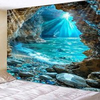VIKAMA Sea Cave Tapestry, Turquoise Ocean Sunlight Stone Beach Wall Art Hanging for Bedroom Living Room Nature Backdrop