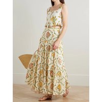 2026 Women Flower Print 100% Linen Set Square Collar Sleeveless Single Breasted Vest + Lace Stitching High Waist Long Skirt Suit