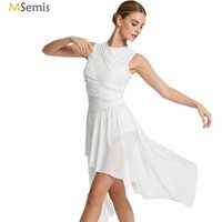 Womens Shiny Rhinestone Figure Skating Dress Gymnastics Leotards Costume Sheer Mesh Ballet Tutu Lyrical Dance Leotard Dress