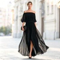Cross-border New European and American Black Chiffon Split Collar Fashionable Elegant and Drape Skirt