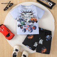 Jungen-Set, Auto-Buchstaben-Muster, Positionierungsdruck, Rundhals-Kurzarm-T-Shirt, gepaart mit Shorts, cooles zweiteiliges Jungen-Set