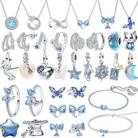 Original 925 Sterling Silver Charms Blue Bow Tie Set Moon Earrings Beads Pendant Bracelets Necklaces Womens DIY Jewelry Gift