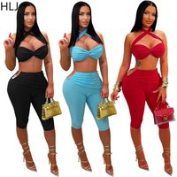 HLJ Sexy 2 Pieces Set for Woman Solid Color Spaghetti Strap Crop Top + Capri Legging Pants Female Party Night Club Wear Clothing