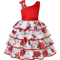 Girls' asymmetrical shoulder bow tie cake dress, formal dress, printed ladies' birthday party outfit