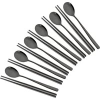 Drmfiy Western 6Set Black Dinnerware 304 Stainless Steel Tableware Long Handle Spoons Chopsticks Metal Korean Silverware Set