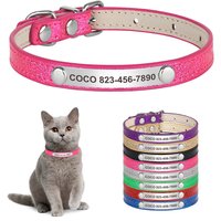 Personalized Cat Collar Custom Leather Cat Collars Free Engraved Puppy Kitten ID Necklace Bling Pet Collars for Small Dogs Cats