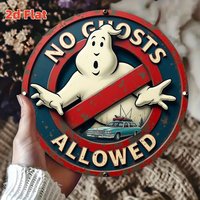 2D Flat, Flat Ghostbusters Metal Sign - Vintage Aluminum Wall Art, "No Ghosts Allowed" Design with Red and Blue Circular Decorat