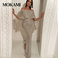 New Blingbling Backless Gown with Large Puffy Sleeve One Shoulder Wrap around Skirt Evening Dress Women's Fashion