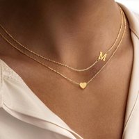 2Pcs/Set Classic Stainless Steel Heart Initial Pendant Necklaces For Women Gold Plated Chain Layered Valentines Jewelry Gifts