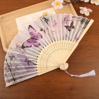 Chinese Style Silk Folding Fan Handmade Butterfly Pattern Handheld Fan with Tassel Cooling Retro Bamboo Fan Party Props