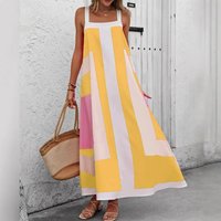 2025 Women Bohemian Floral Dress Summer Casual Color Block Maxi Beach Overall Dresses Coverups Sleeveless Shoulder Strap Dresses
