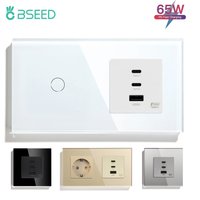 BSEED 65W Quick Charge USB Port Glass Panel Power Wall Socket Type C Power Delivery Charge USB Socket EU Light Touch Switches