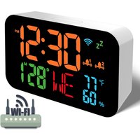 Auto-Sync Digital Clock Temperature Humidity Sensor Multifunctional WiFi 12/24H Electronic LED Alarm Clock Room Table Home Decor