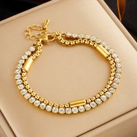 Yupsk 316L Stainless Steel Double Chain Bracelet Shiny Zircon Vintage Gold Color Charm Bracelets Women Party Jewelry Gift