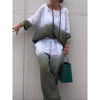 Fashion Gradient Color Print Suit Women Loose Round Neck Long Sleeve Top Elastic Waist Wide Leg Pant 2 Piece Set 2024 Summer New