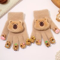 Cute Capybara Winter Gloves, Plush Knit Full Finger Gloves for Women, Warm & Soft for Outdoor, School & Daily Wear