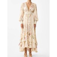 100% Silk Women Ruffles Layered Long Dress Crystal Beaded Flower Print Lantern Sleeve V-Neck Single Breasted Elegant Robe