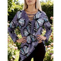Women's Purple Butterfly Print Top, V Neck Cross Lace Up Long Sleeve Baggy Blouse, Casual Boho Streetwear Tops for Summer Autumn